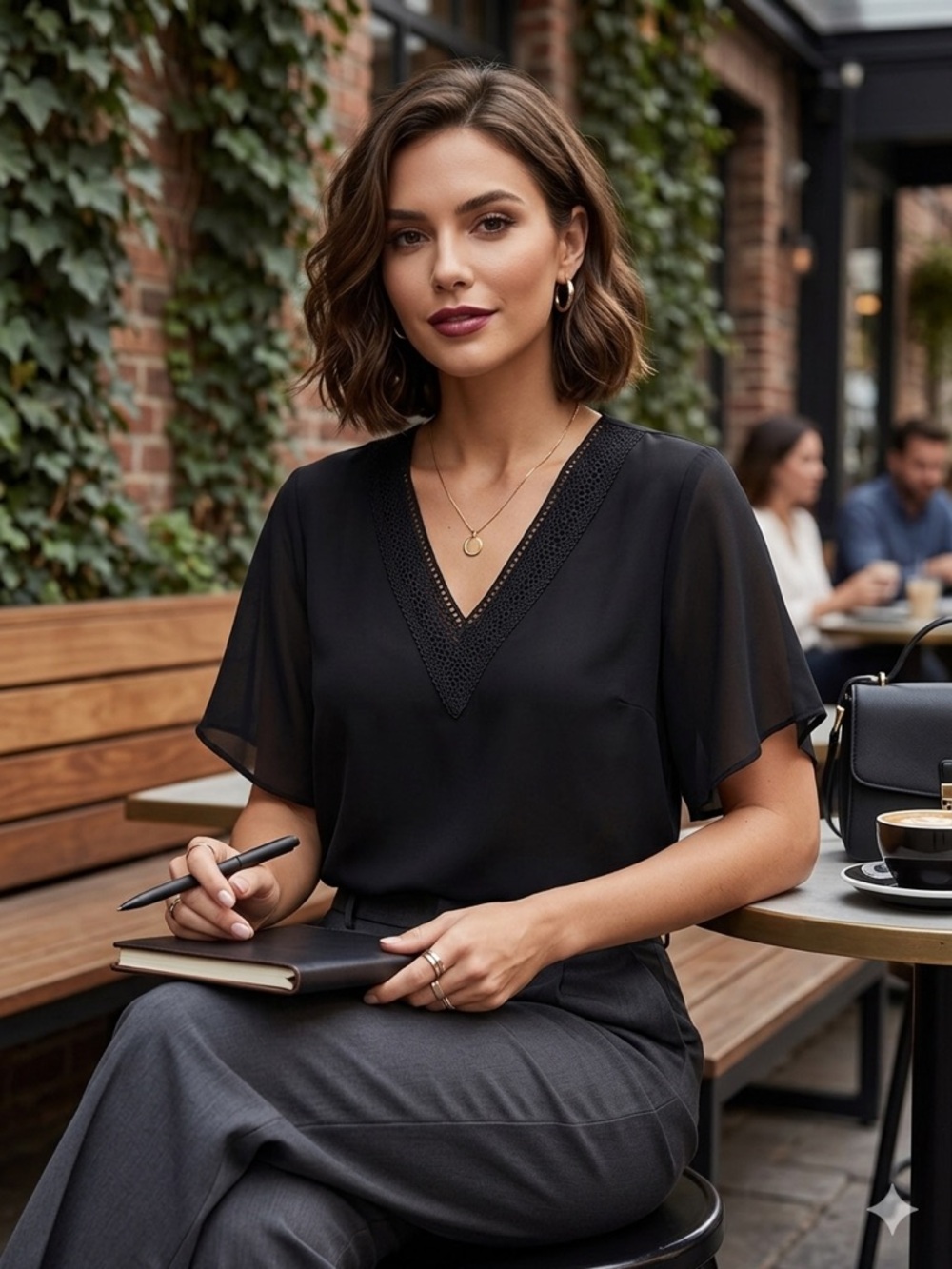 SHEIN Black V-Neck Lace-Trim Flutter Sleeve Blouse